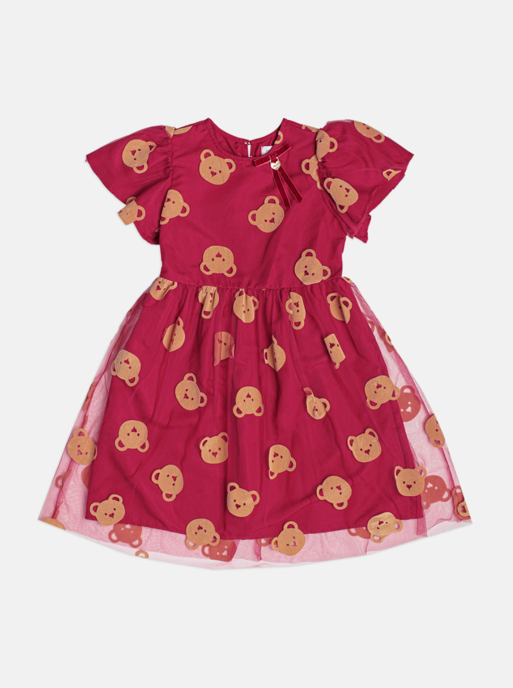 Vestido Infantil Tule Ursinhos Bordô - Momi
