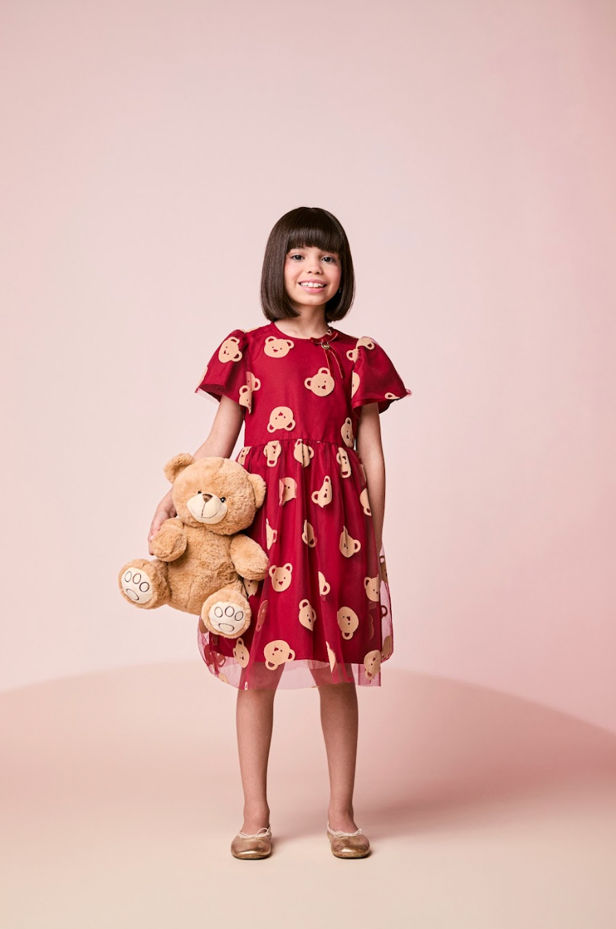 Vestido Infantil Tule Ursinhos Bordô - Momi