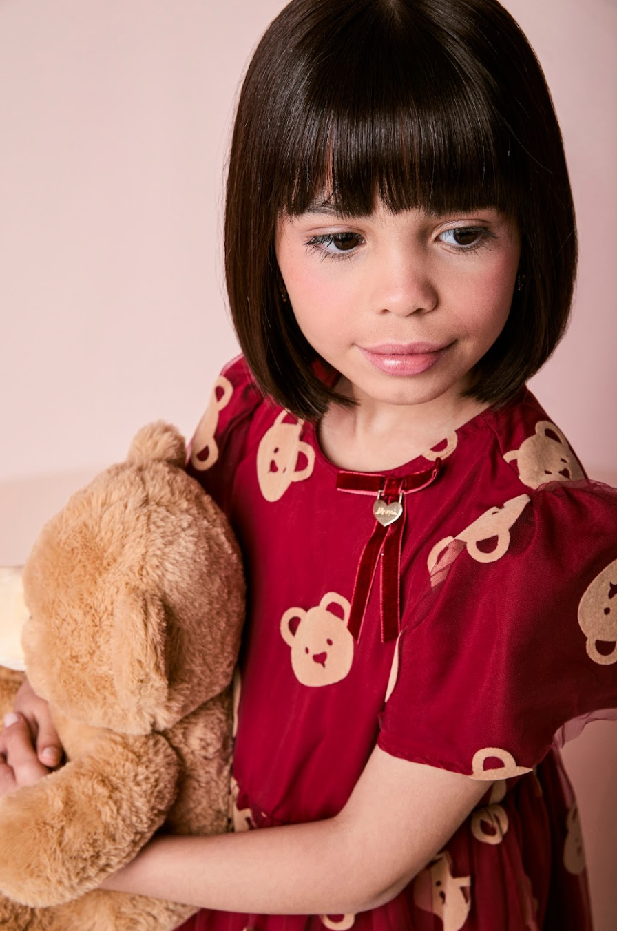 Vestido Infantil Tule Ursinhos Bordô - Momi