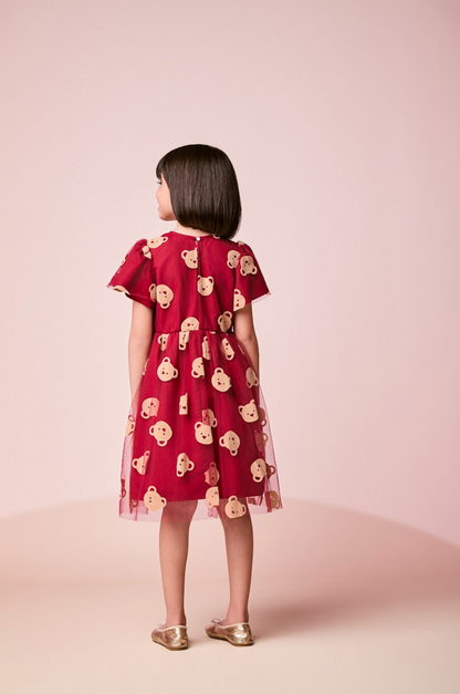 Vestido Infantil Tule Ursinhos Bordô - Momi