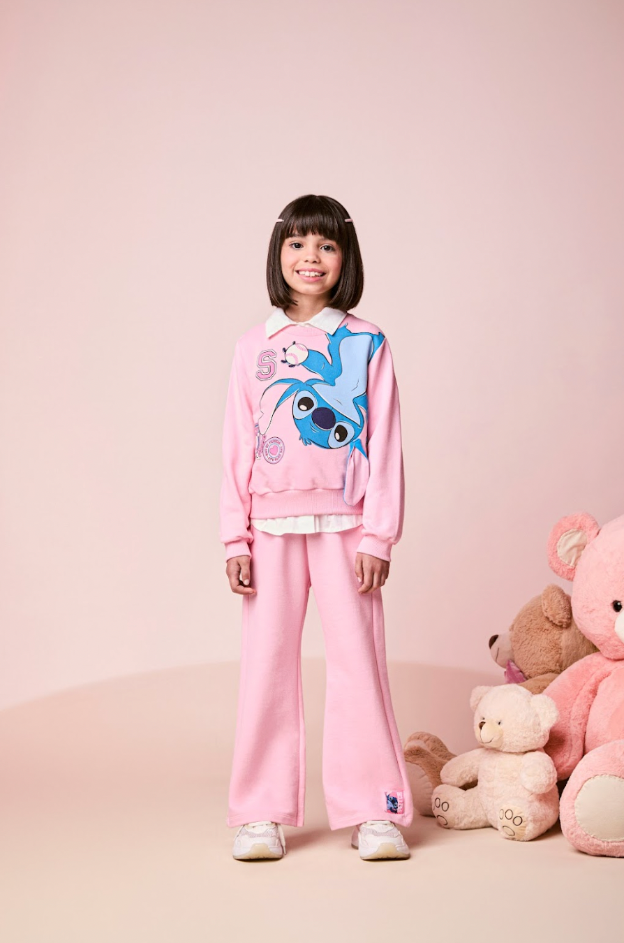 Conjunto Infantil Moletom Casaco Stitch  e Calça Rosa Blossom - Momi