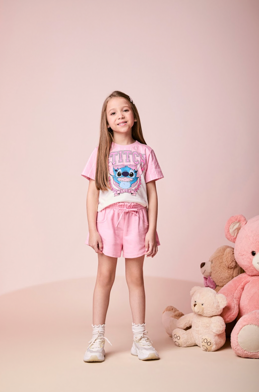 Conjunto Infantil Blusa Stitch  e Shorts  Rosa Blossom - Momi