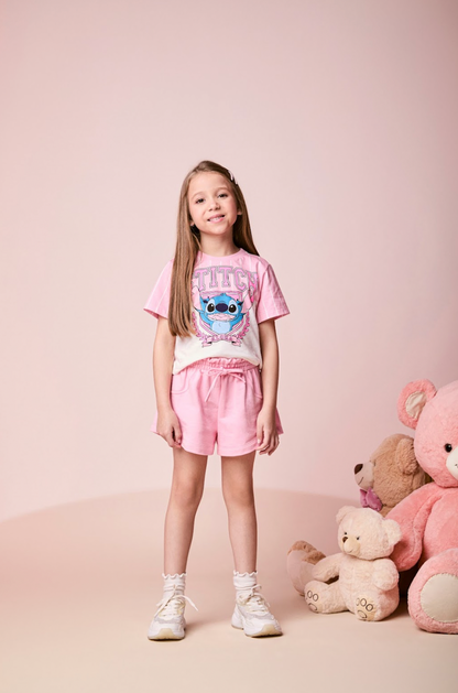 Conjunto Infantil Blusa Stitch  e Shorts  Rosa Blossom - Momi