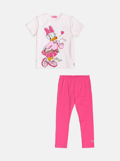 Conjunto Infantil Blusa Daisy  Lenço Coração e Legging  Rosa - Momi