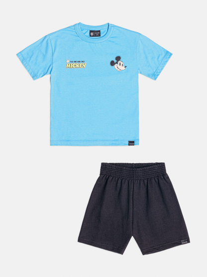 Conjunto Infantil Camiseta Mickey Azul Celeste e Bermuda Moletom Preta - Youccie