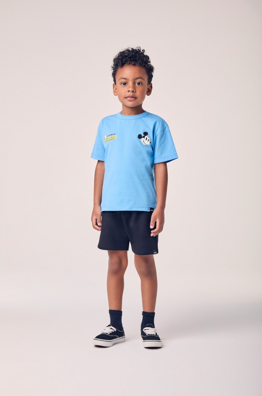 Conjunto Infantil Camiseta Mickey Azul Celeste e Bermuda Moletom Preta - Youccie