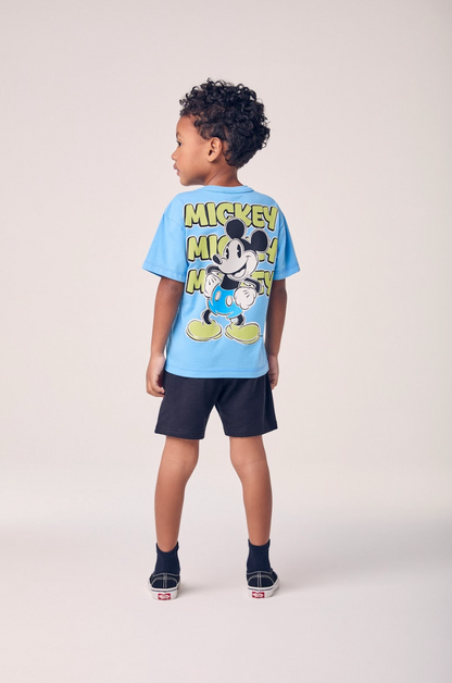 Conjunto Infantil Camiseta Mickey Azul Celeste e Bermuda Moletom Preta - Youccie