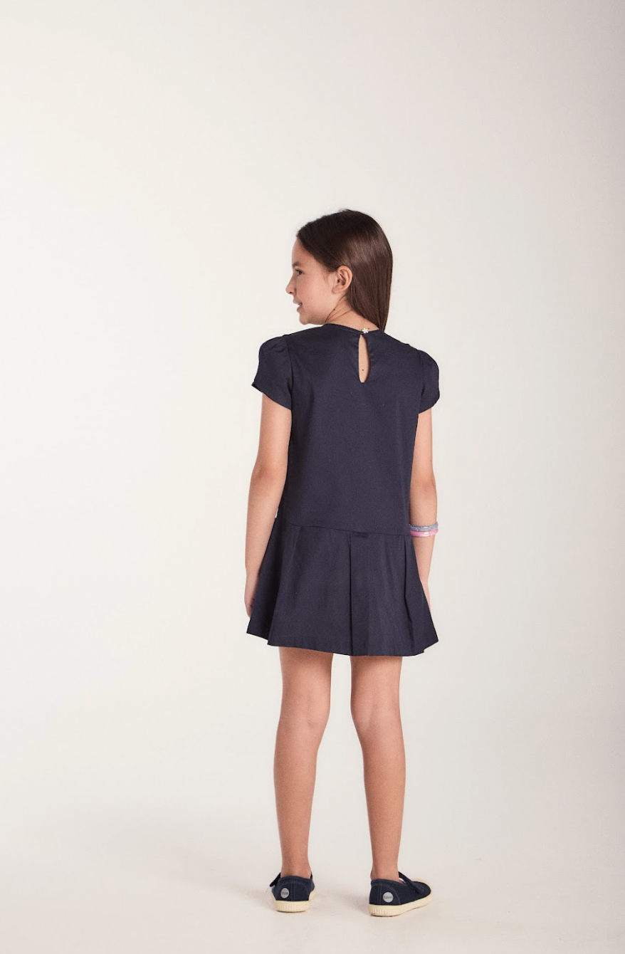 Vestido Infantil no Algodão Com Pregas e Laços Marinho - Beabá