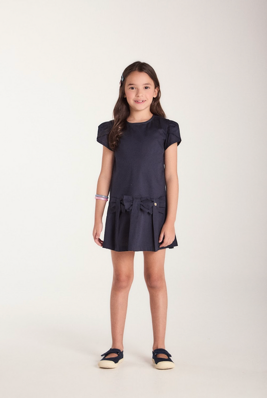Vestido Infantil no Algodão Com Pregas e Laços Marinho - Beabá