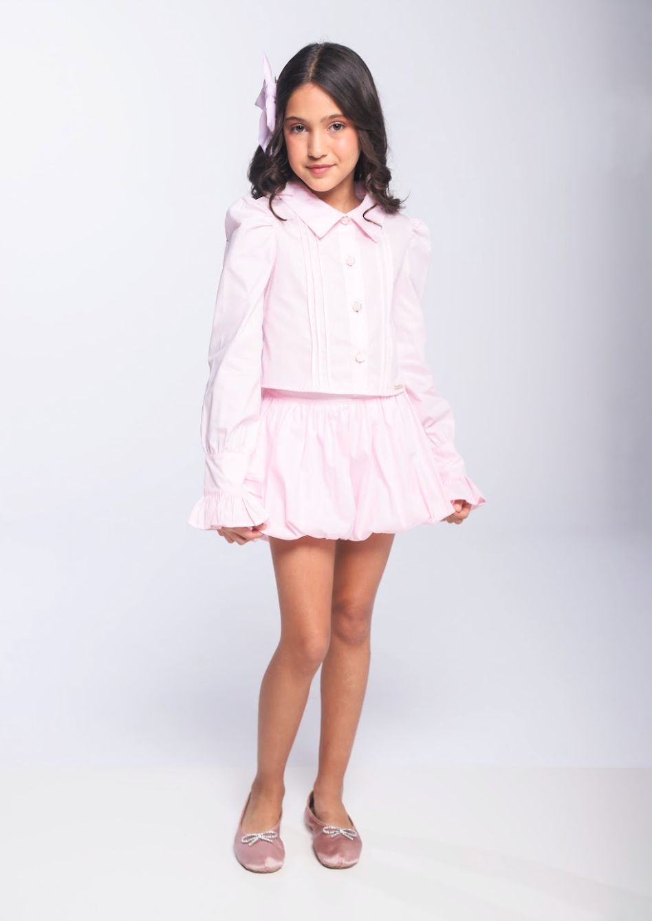 Conjunto Infantil Algodão  Camisa Babadinhos Punho Pregas e Saia Balonê Rosa Claro - Luluzinha