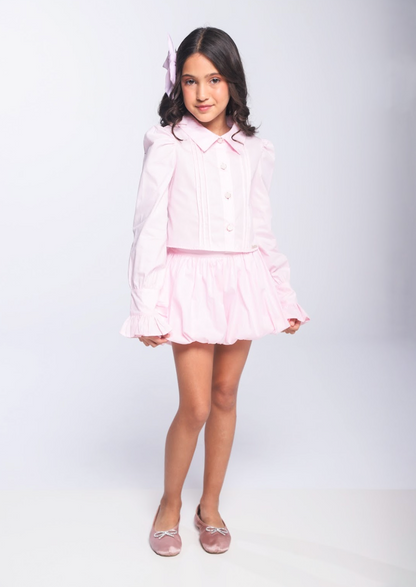 Conjunto Infantil Algodão  Camisa Babadinhos Punho Pregas e Saia Balonê Rosa Claro - Luluzinha