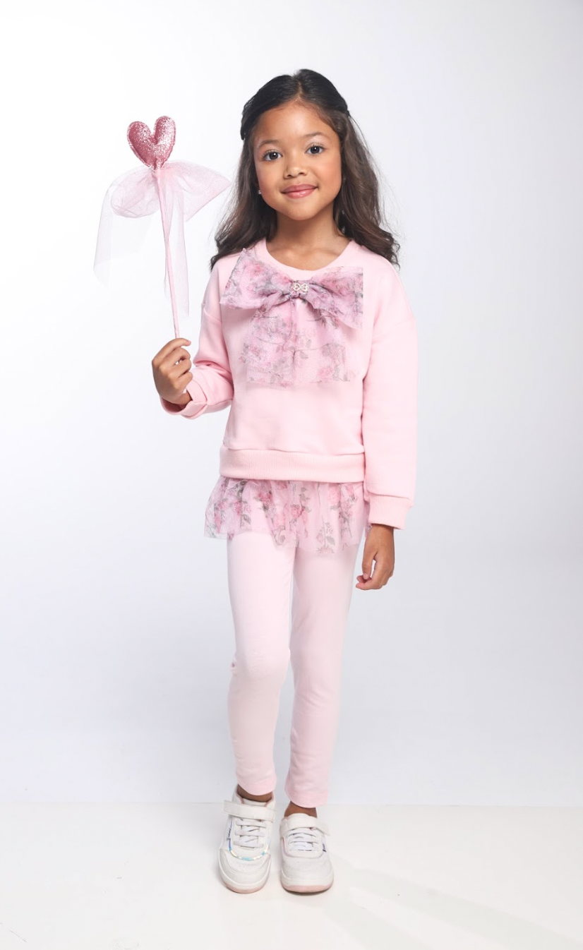 Conjunto Infantil Blusa Moletom Babado Tule Floral Glitter e Calça Legging Cotton Rosa - Luluzinha