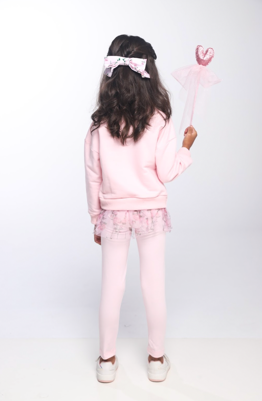 Conjunto Infantil Blusa Moletom Babado Tule Floral Glitter e Calça Legging Cotton Rosa - Luluzinha