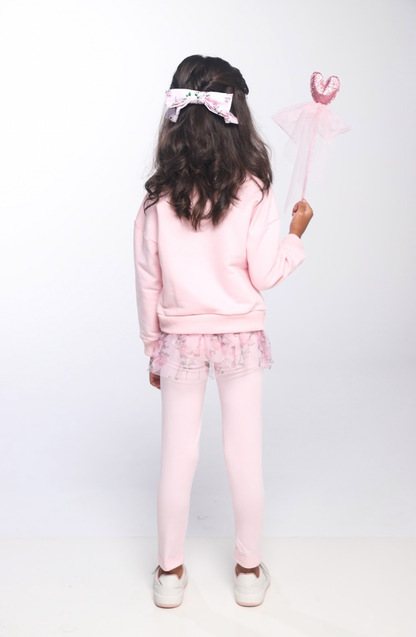 Conjunto Infantil Blusa Moletom Babado Tule Floral Glitter e Calça Legging Cotton Rosa - Luluzinha