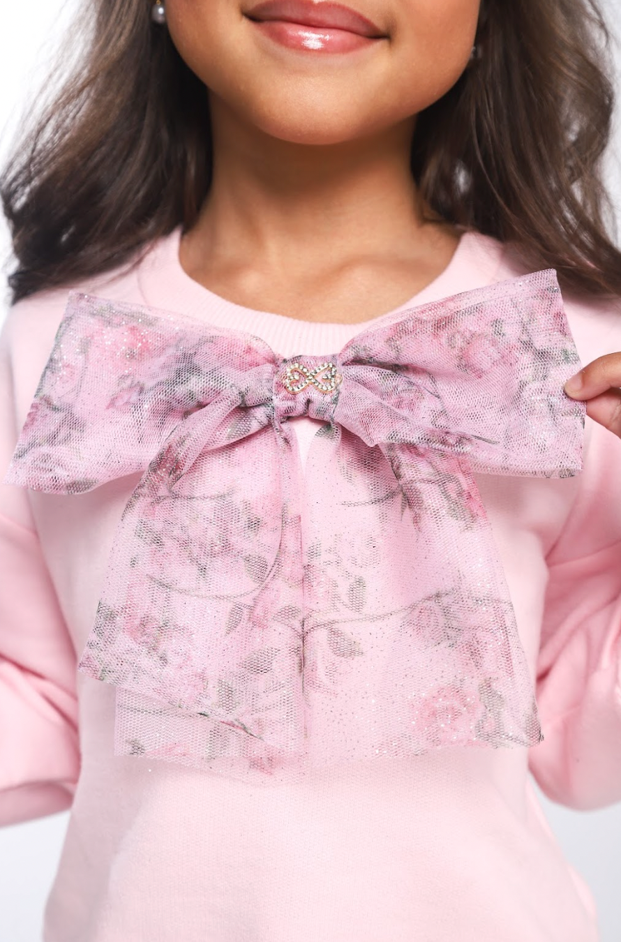 Conjunto Infantil Blusa Moletom Babado Tule Floral Glitter e Calça Legging Cotton Rosa - Luluzinha