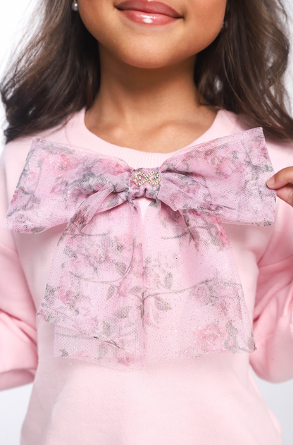 Conjunto Infantil Blusa Moletom Babado Tule Floral Glitter e Calça Legging Cotton Rosa - Luluzinha