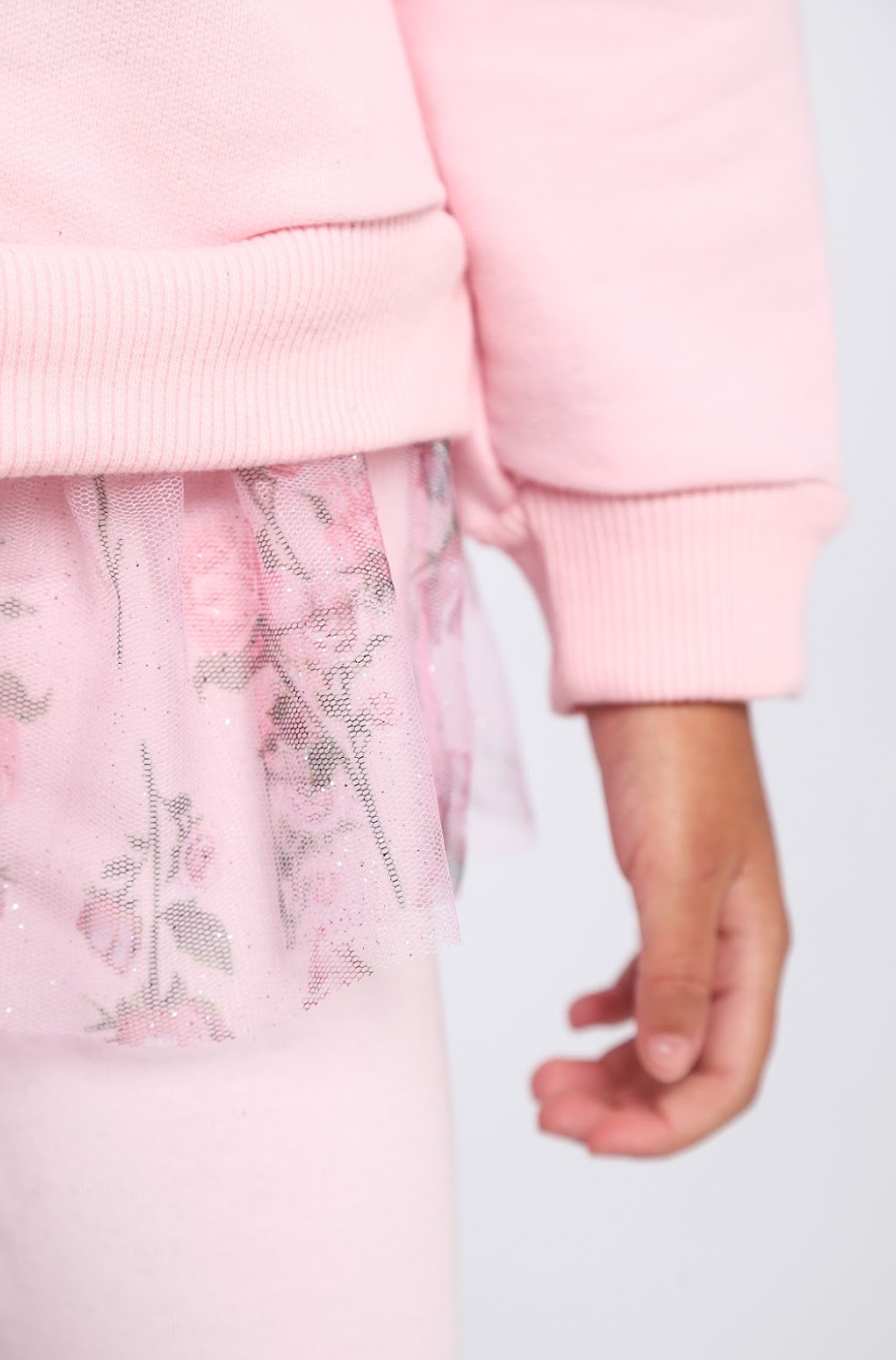 Conjunto Infantil Blusa Moletom Babado Tule Floral Glitter e Calça Legging Cotton Rosa - Luluzinha