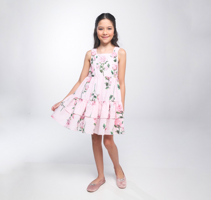 Vestido Infantil Algodão Rodado Floral Rosa Bordado Manual e Strass Rosa - Luluzinha