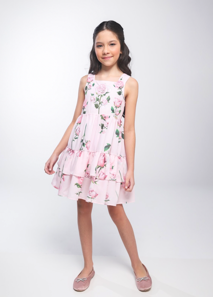 Vestido Infantil Algodão Rodado Floral Rosa Bordado Manual e Strass Rosa - Luluzinha