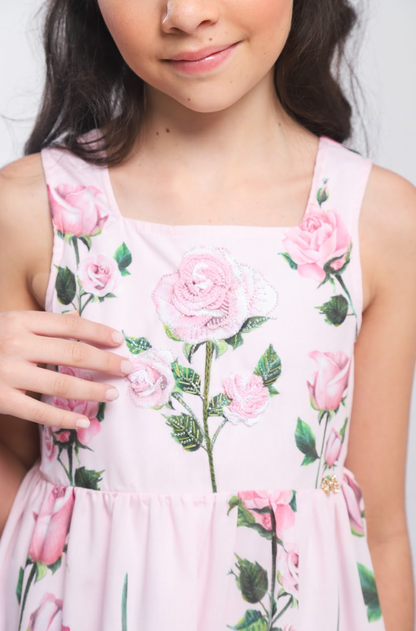 Vestido Infantil Algodão Rodado Floral Rosa Bordado Manual e Strass Rosa - Luluzinha