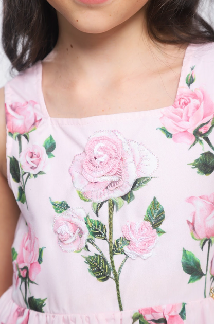 Vestido Infantil Algodão Rodado Floral Rosa Bordado Manual e Strass Rosa - Luluzinha