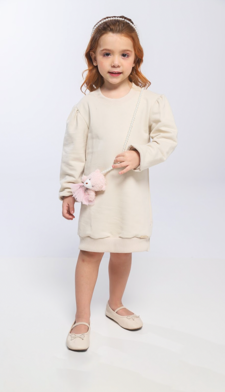 Vestido Infantil Bomber Moletom Bege  Bolsinha Ursinha Pérolas - Luluzinha