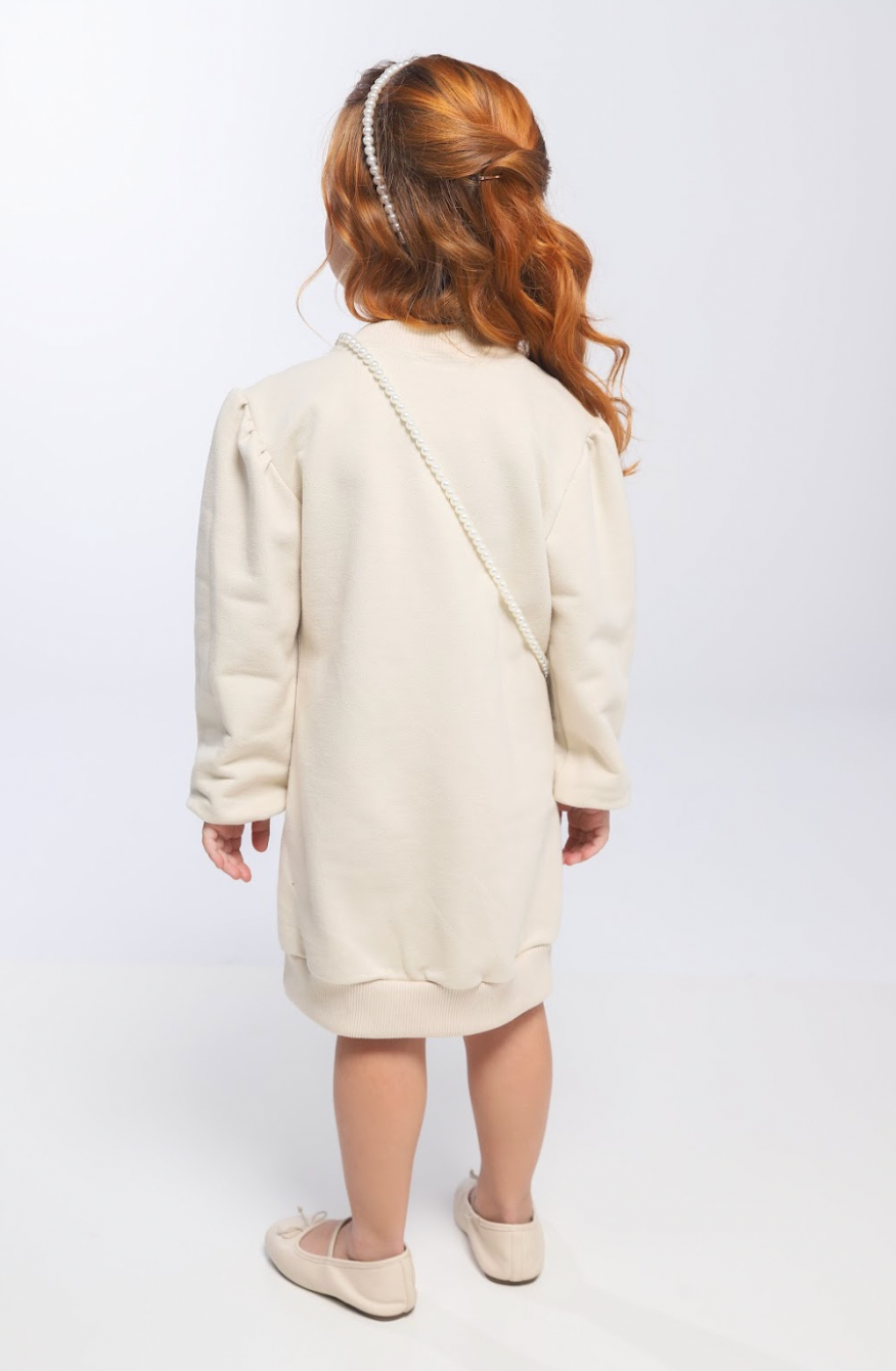 Vestido Infantil Bomber Moletom Bege  Bolsinha Ursinha Pérolas - Luluzinha