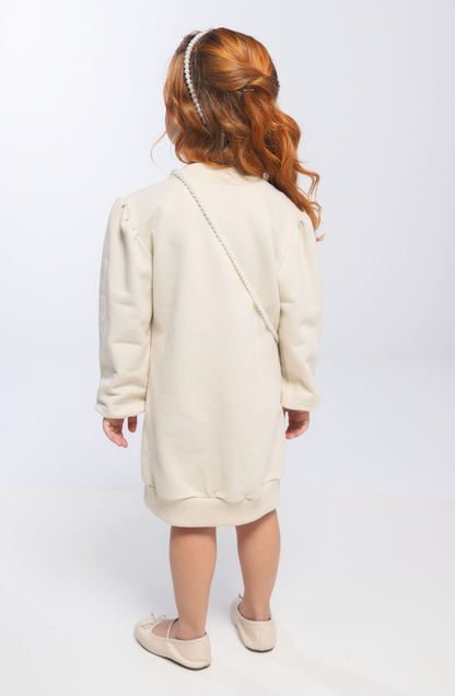 Vestido Infantil Bomber Moletom Bege  Bolsinha Ursinha Pérolas - Luluzinha