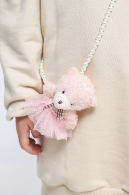 Vestido Infantil Bomber Moletom Bege  Bolsinha Ursinha Pérolas - Luluzinha