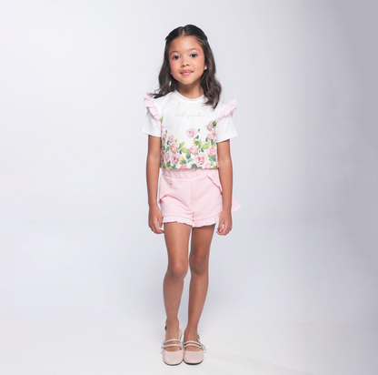 Conjunto Infantil Blusa Algodão Cotton Floral  Strass e Shorts Moletocotton Babadinho Rosa - Luluzinha