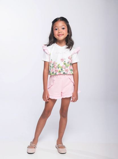 Conjunto Infantil Blusa Algodão Cotton Floral  Strass e Shorts Moletocotton Babadinho Rosa - Luluzinha