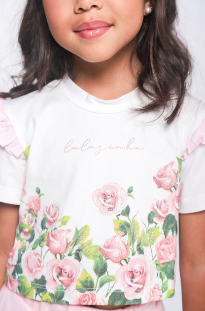 Conjunto Infantil Blusa Algodão Cotton Floral  Strass e Shorts Moletocotton Babadinho Rosa - Luluzinha