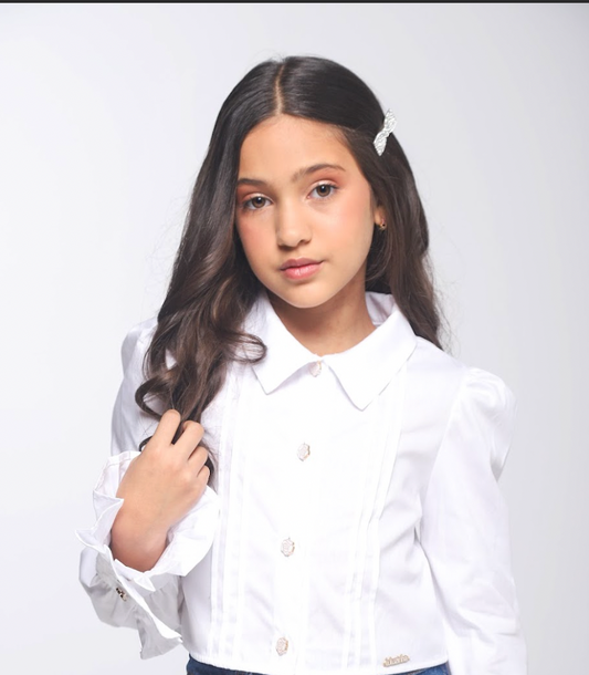 Conjunto Infantil Camisa Babadinhos Punho Pregas Branca e Saia  Jeans Pochete Laço Pérolas - Luluzinha PRÉ-VENDA