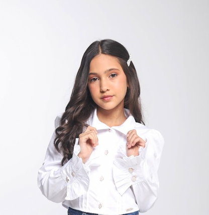 Conjunto Infantil Camisa Babadinhos Punho Pregas Branca e Saia  Jeans Pochete Laço Pérolas - Luluzinha PRÉ-VENDA