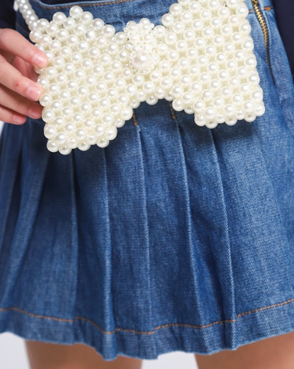 Conjunto Infantil Camisa Babadinhos Punho Pregas Branca e Saia  Jeans Pochete Laço Pérolas - Luluzinha PRÉ-VENDA