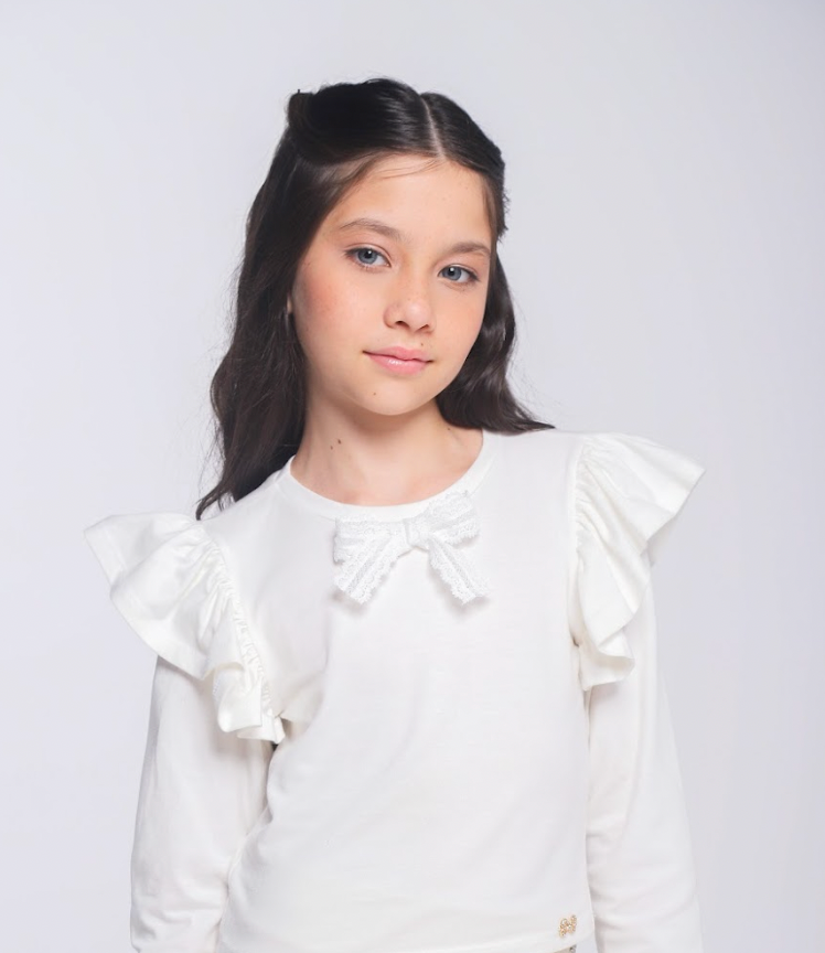 Conjunto Infantil Blusa ML Lacinho Branca e Shorts Balonê Rosa Claro - Luluzinha