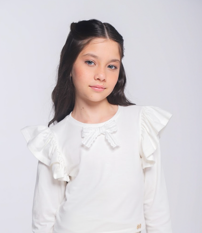Conjunto Infantil Blusa ML Lacinho Branca e Shorts Balonê Rosa Claro - Luluzinha