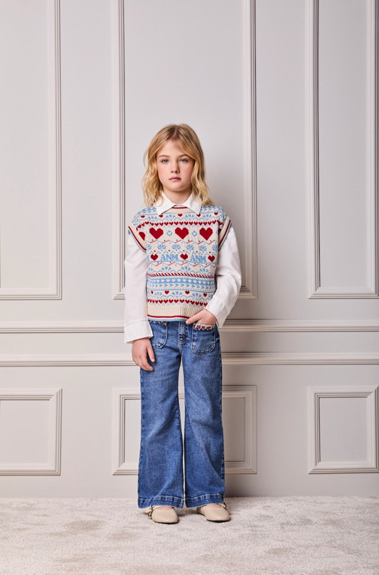 Conjunto Infantil Conceito Colete Tricot Corações e Calça Jeans Bolsos Bordados - Animê PRÉ-VENDA