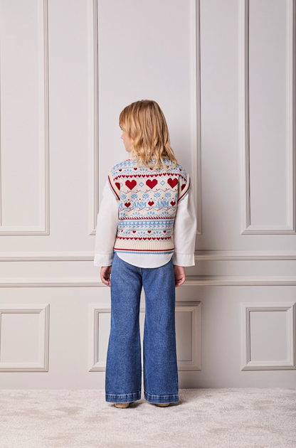 Conjunto Infantil Conceito Colete Tricot Corações e Calça Jeans Bolsos Bordados - Animê