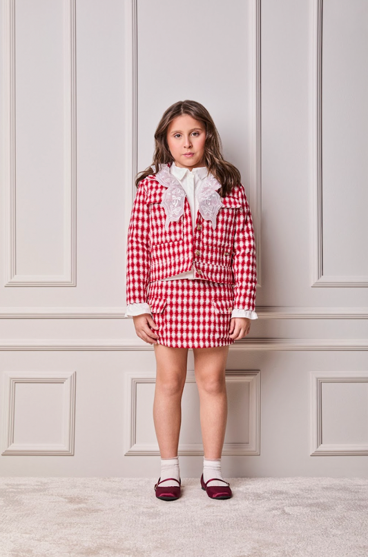 Conjunto Infantil Conceito Tweed Vermelho Casaco e Shorts Saia - Animê PRÉ-VENDA