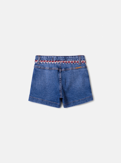 Conjunto Infantil Conceito Colete Tricot Corações e Shorts-saia Jeans Cós Bordado - Animê PRÉ-VENDA