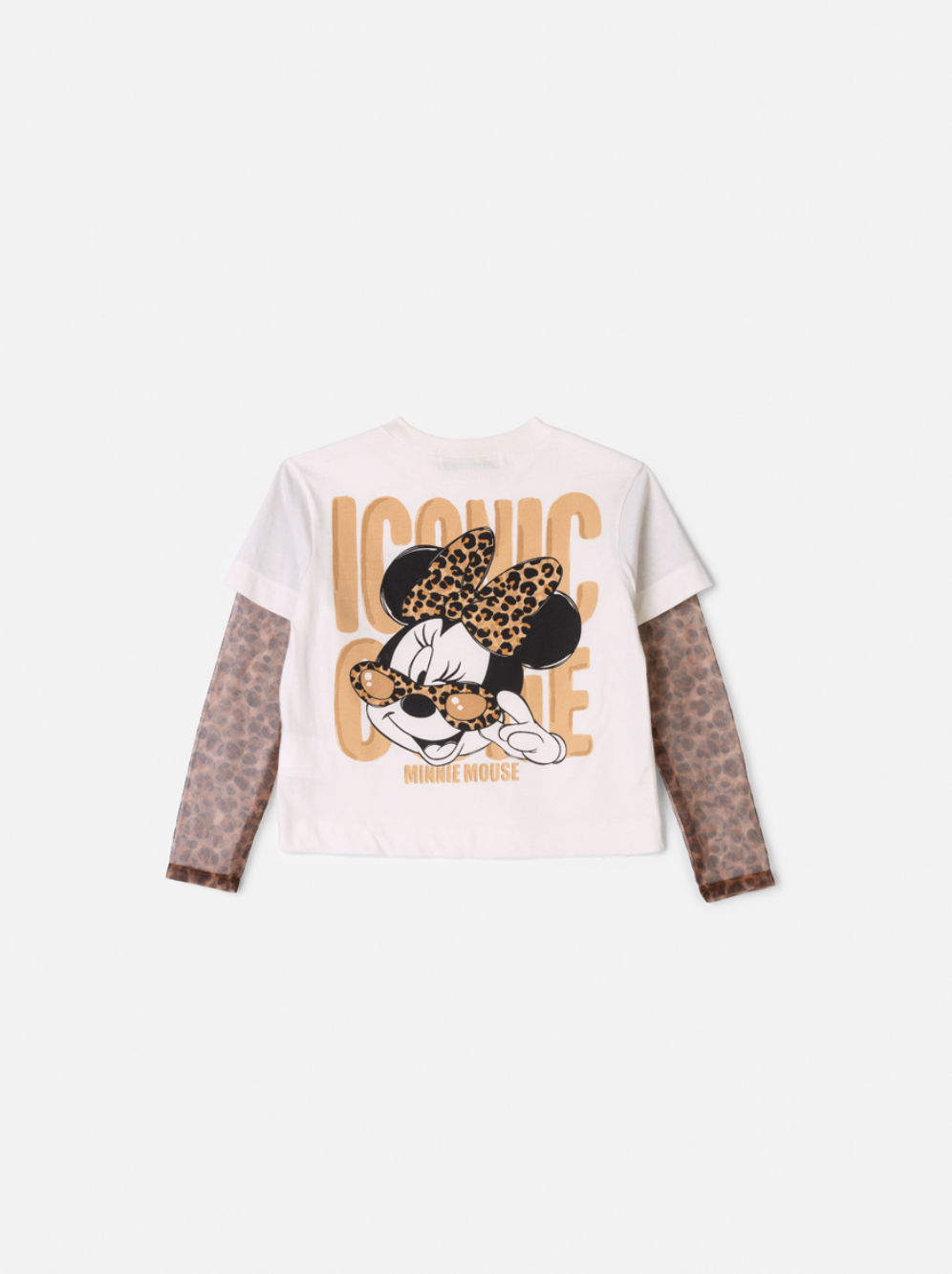Conjunto Infantil Blusa Minnie Mangas Tule Animal Print  e Calça Sarja Pregas Bege - Animê