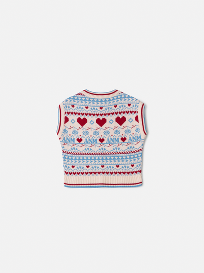 Conjunto Infantil Conceito Colete Tricot Corações e Shorts-saia Jeans Cós Bordado - Animê PRÉ-VENDA