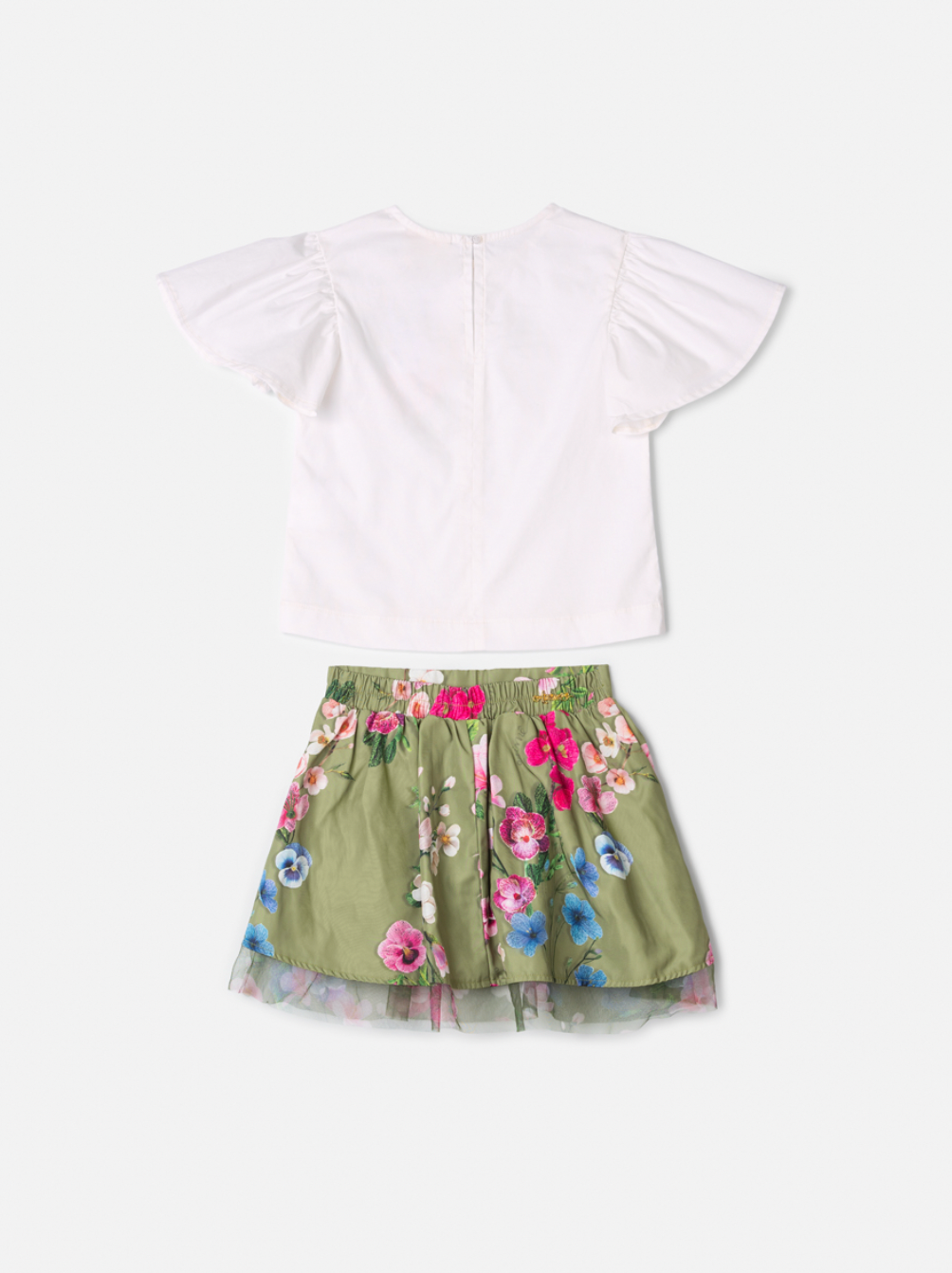 Conjunto Infantil Blusa Off White e Saia Conceito Tule Floral Bordado Verde Forest - Animê