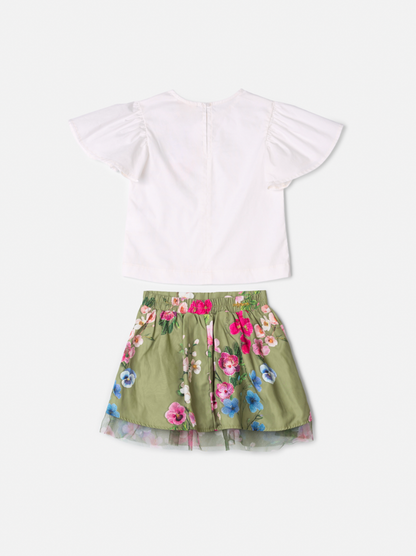 Conjunto Infantil Blusa Off White e Saia Conceito Tule Floral Bordado Verde Forest - Animê