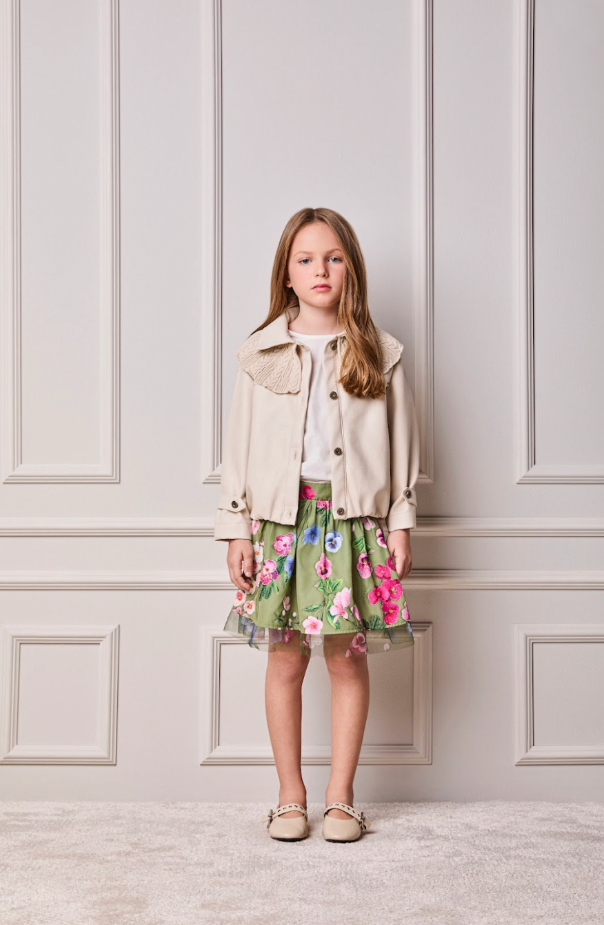 Conjunto Infantil Blusa Off White e Saia Conceito Tule Floral Bordado Verde Forest - Animê