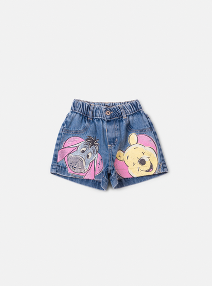 Conjunto Infantil Camiseta e Shorts Jeans Leitão & Pooh Rosa Cherry Donut - Animê Petite