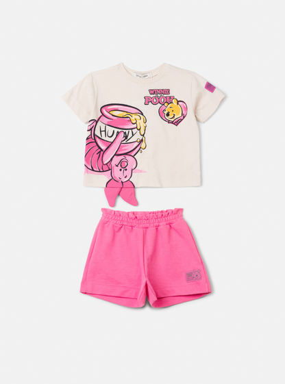 Conjunto Infantil Blusa Pooh Hunny Bege Vanilla e Shorts Rosa - Animê Petite