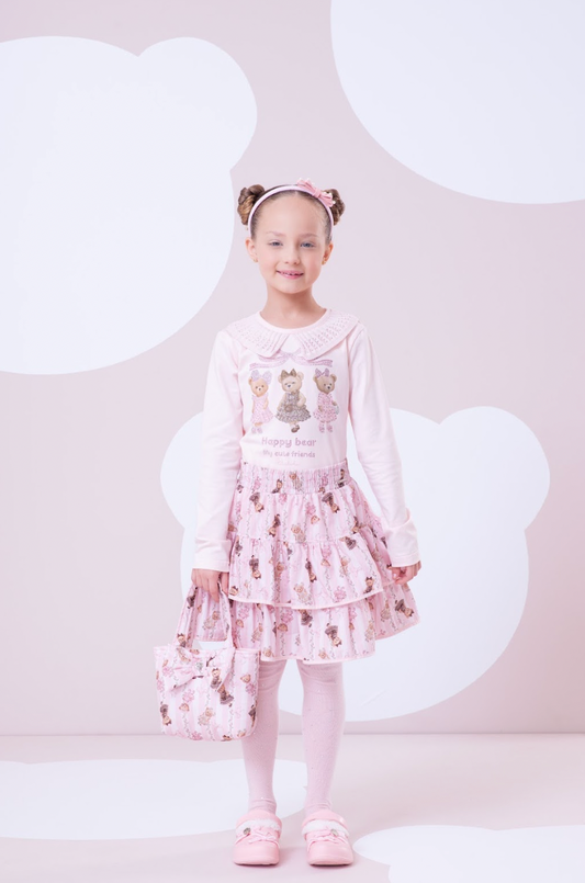 Conjunto Infantil Algodão Blusa Cotton Ursinhas Happy Gola Tricot e Saia Babados Ursinhas Listras - Pituchinhus