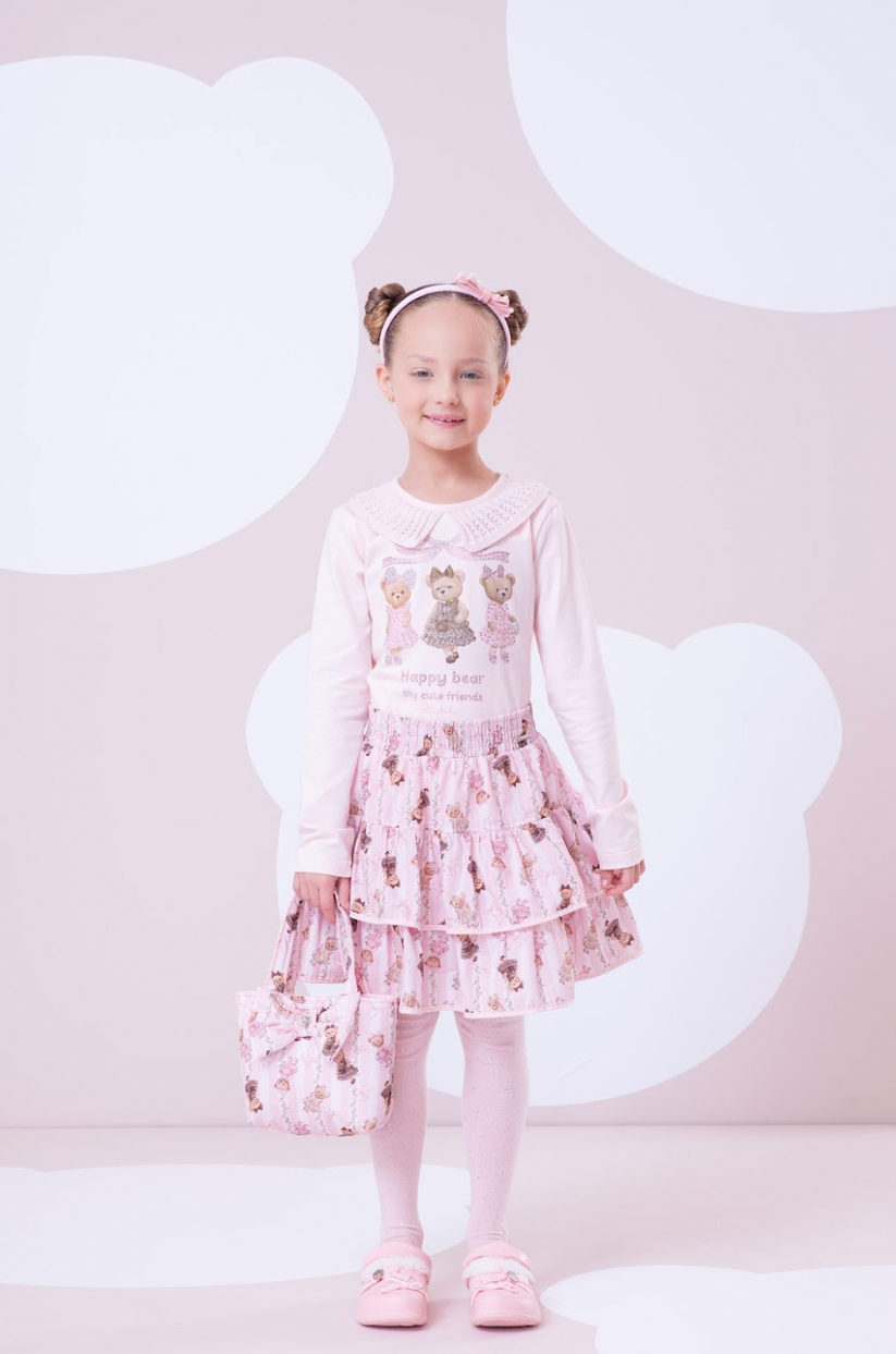 Saia Infantil Babados Algodão Ursinhas Listras - Pituchinhus